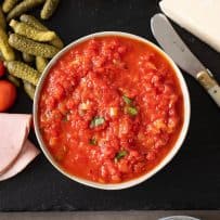 Viewed from overhead on a charcuterie plate