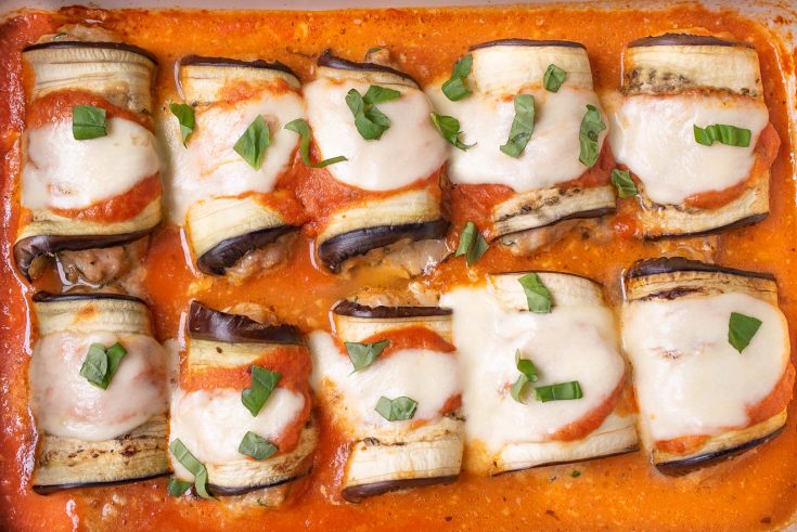 8 eggplant rolls filled with Italian sausage topped with mozzarella in marinara sauce