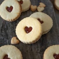 Shortbread cookies filled with jam with hear centers