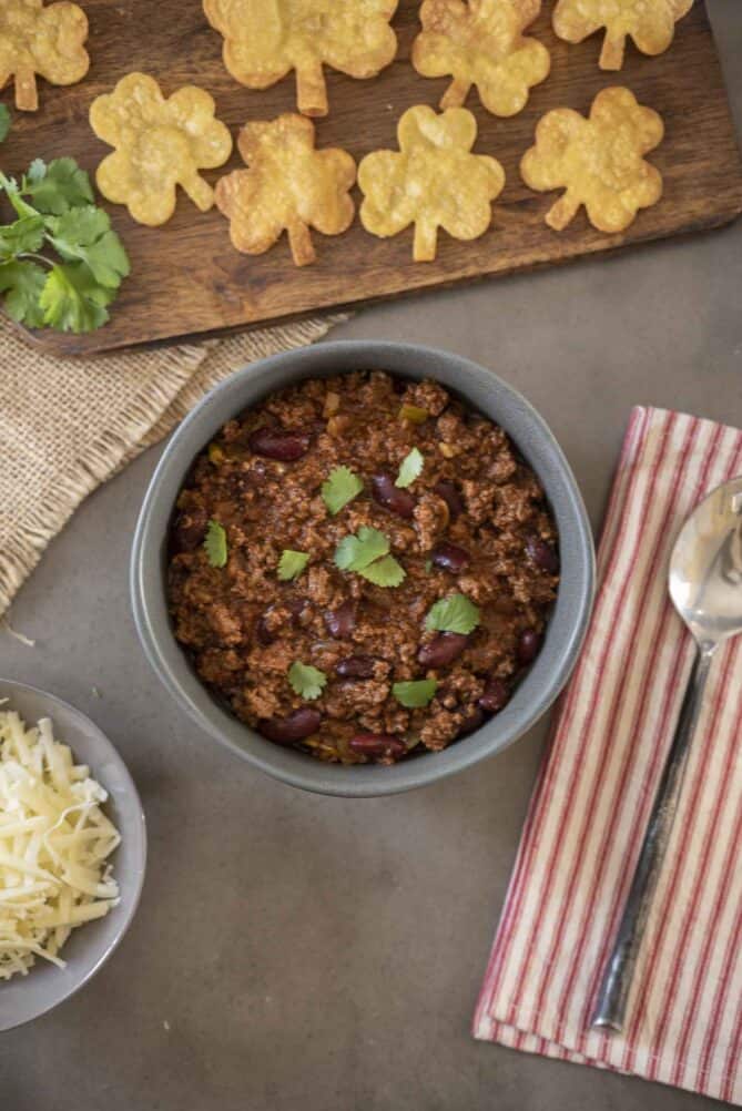 A bowl of chili viewed from overhead