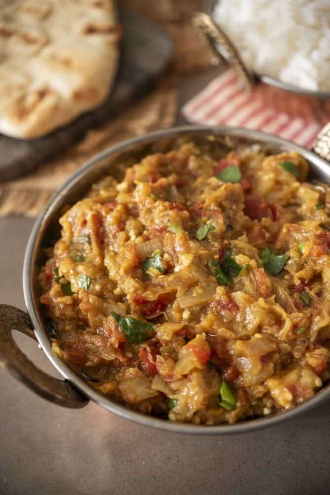A closeup of mashed eggplant cooked with Indian spices