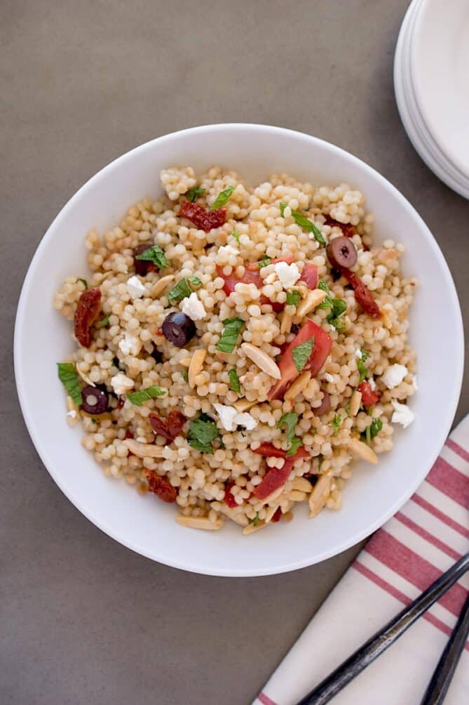Mediterranean couscous salad view from overhead