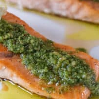Lemon pesto on top of roasted salmon