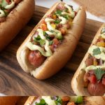 A beef hot dog in a bun topped with avocado cream and vegetables