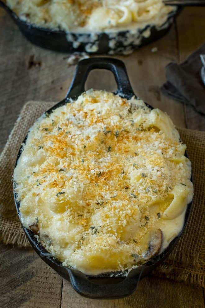 A browned and crispy panko topping on mushroom sage mac and cheese
