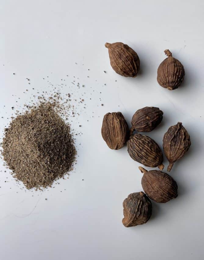 Ground green cardamom spice and whole black cardamom pods used in Indian chicken korma