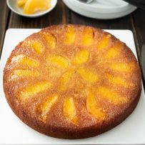 Orange salted caramel upside down cake ready for slicing