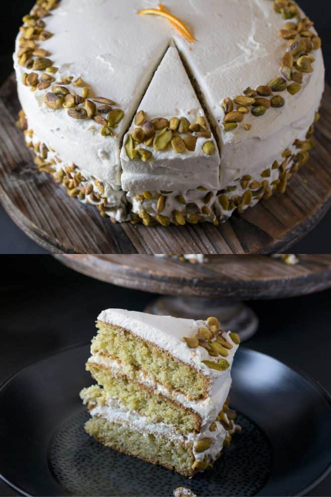 A slice of pistachio cake on a plate with another view of the cake above it with a slice cut but not removed from the whole cake