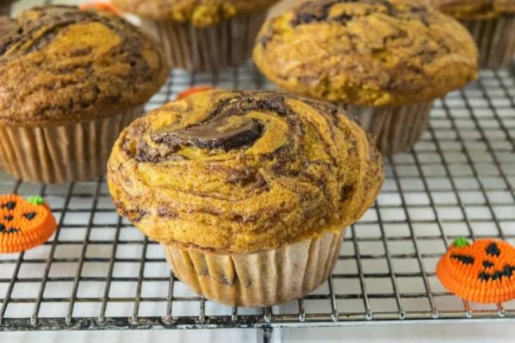 A closeup of a pumpkin muffin showing the nutella swirl