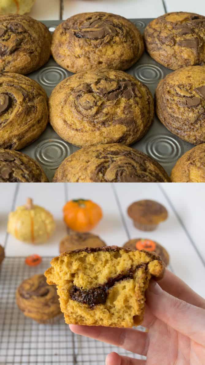 Muffins in a muffin tray and one cut in half showing nutella inside