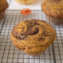 The top of a muffin showing nutella swirled throughout