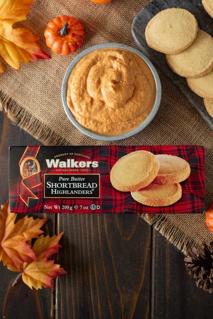 An overhead image of the dip with a box of Walkers shortbread