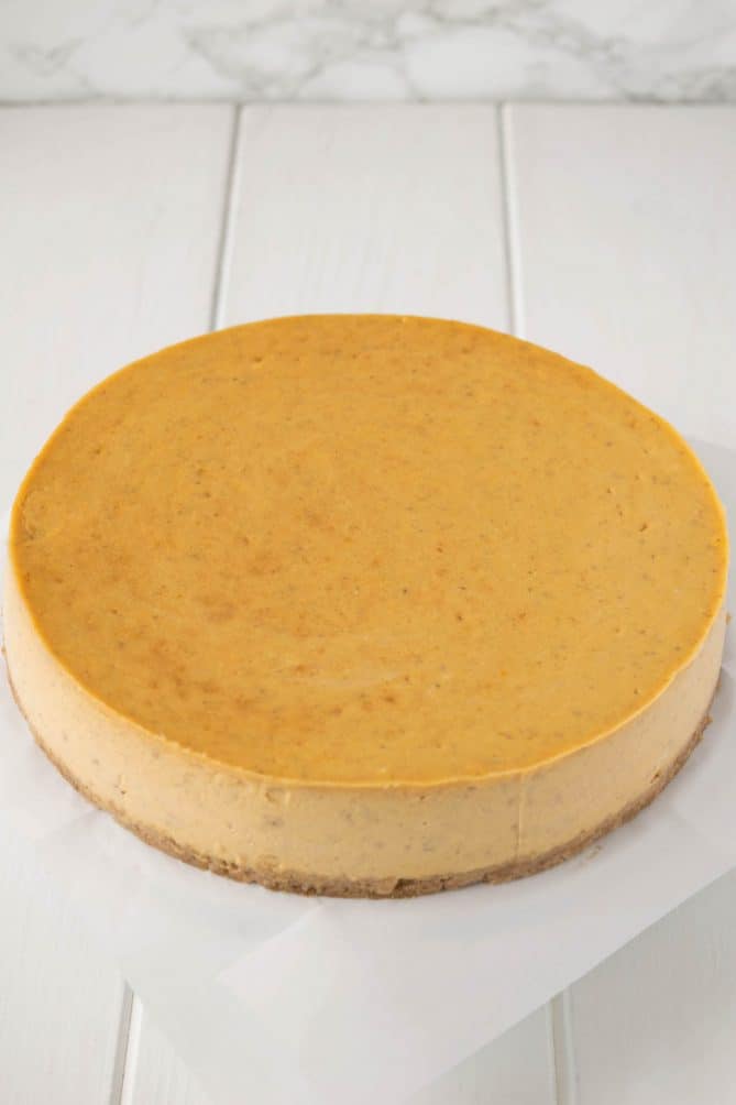 Pumpkin cheesecake perfectly smooth with no toppings