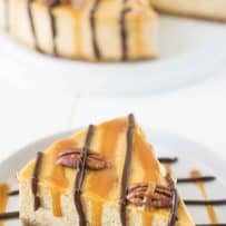 A slice of pumpkin cheesecake on a plate