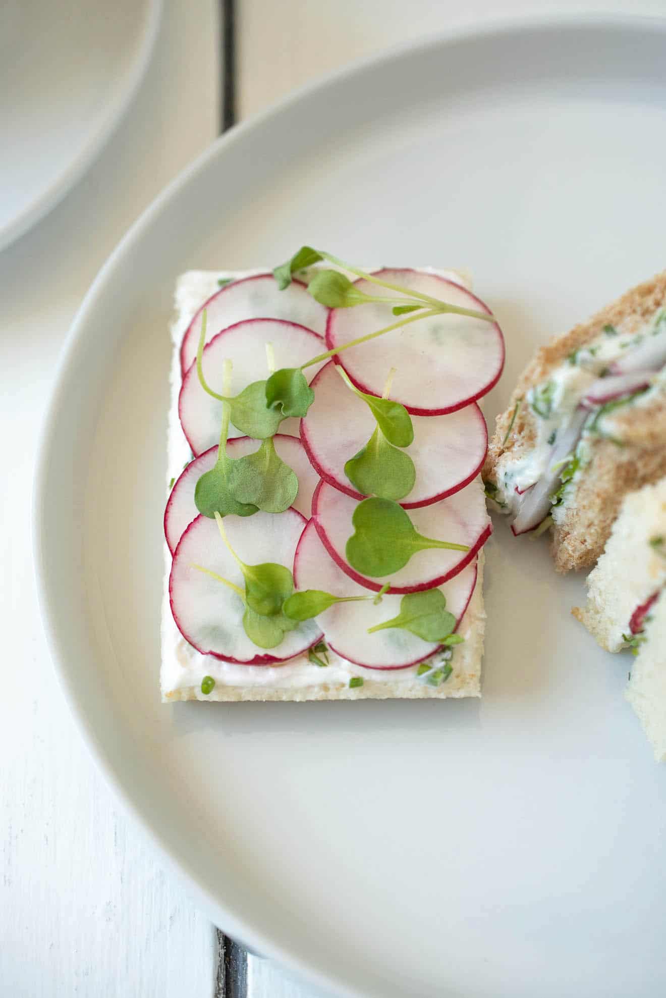 A closeup of an open-faced sandwich with herb butter, sliced radish and micro greens