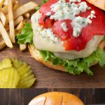 2 red white and blue cheese burgers one with the top off