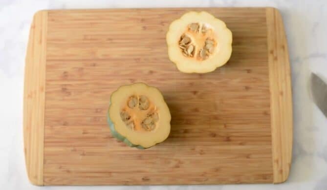 A acorn squash cut in half