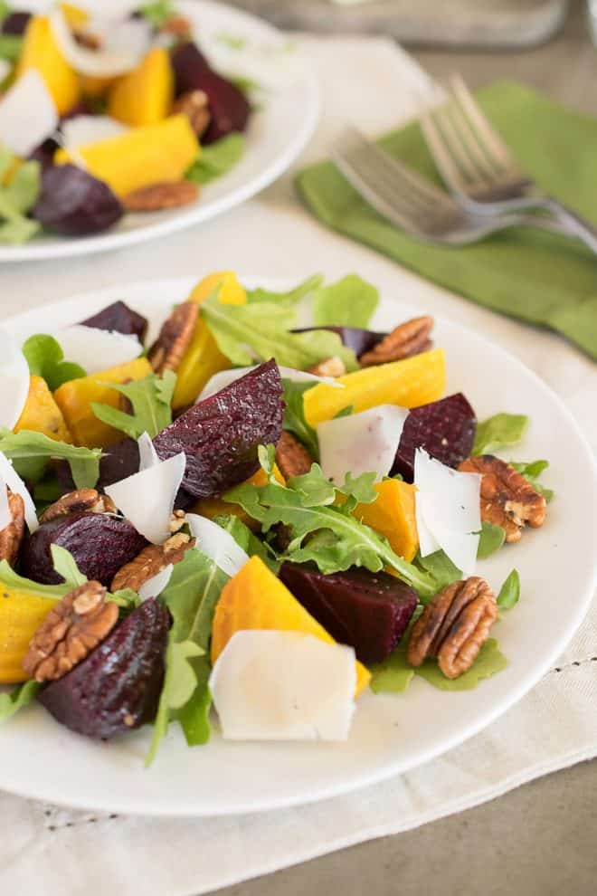 A closeup of the vibrant red and gold beets