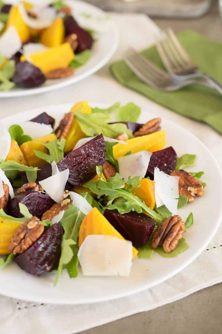 A closeup of the vibrant red and gold beets