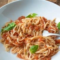 Linguini pasta and tomato sauce on a fork in a white bowl