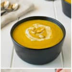 Roasted pumpkin and root vegetable soup is a veggie loaded soup with delicious flavorings from curry, cumin, coriander and nutmeg.