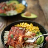 A piece of salmon on a fork