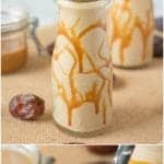 Salted caramel date shake in a bottle with 2 straws