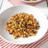 A white bowl filled with Sicilian Lentil Pasta