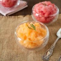Orange cantaloupe and red watermelon granita in bowls
