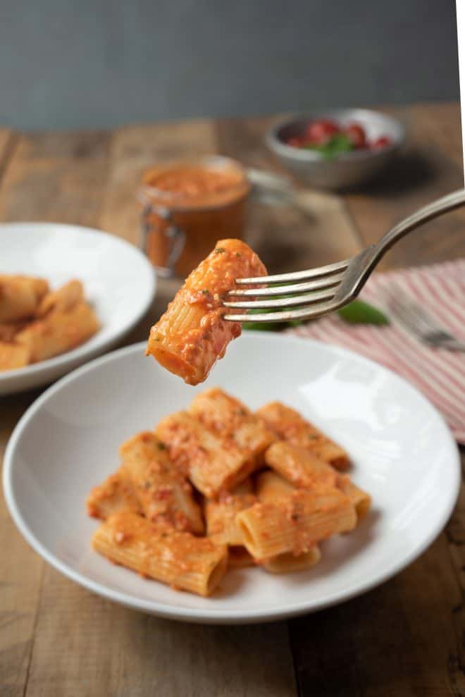 Rigatoni and Sicilian pesto on a fork