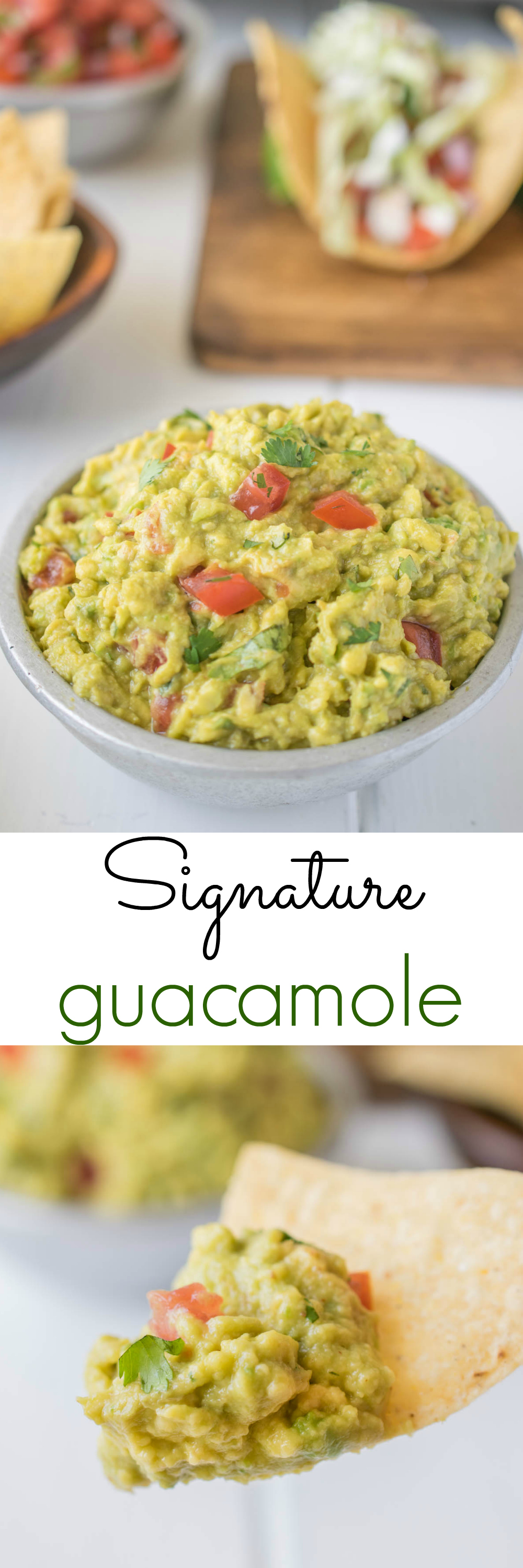 Signature guacamole, fresh avocados are mashed with fresh lime juice, fresh cilantro, chopped tomato and chipotle tabasco for a little kick.