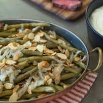A closeup showing the shallots and toasted almonds