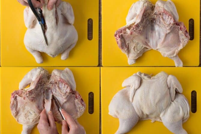 The steps showing how to spatchcock a whole turkey