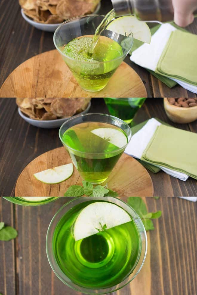 Pouring the green cocktail and serving