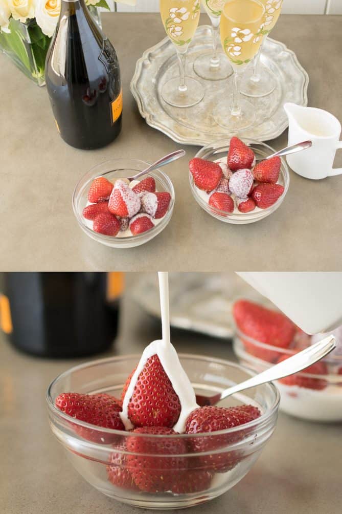 2 bowls of strawberries and cream with champagne