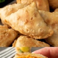 A closeup of the inside of a samosa with sweet potato and pea