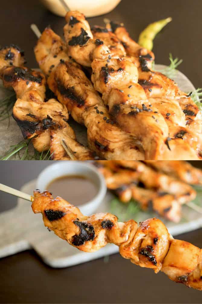 A closeup showing the charred chicken and golden sauce