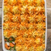 Thanksgiving leftovers turkey shepherd's pie in a casserole dish