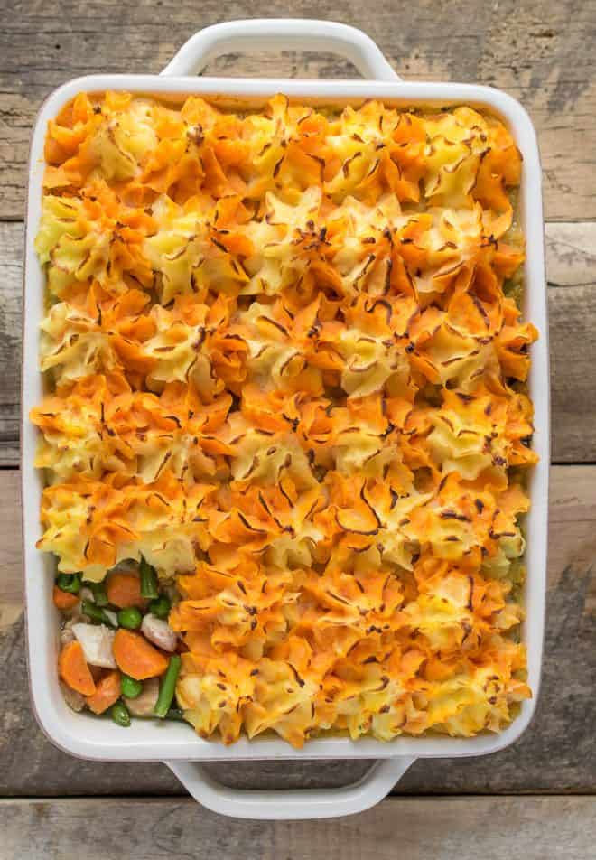 Thanksgiving leftovers turkey shepherd's pie in a casserole dish