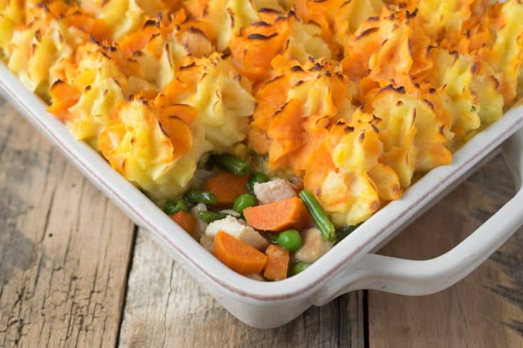 Turkey shepherd's pie showing the filling and sweet potato mash