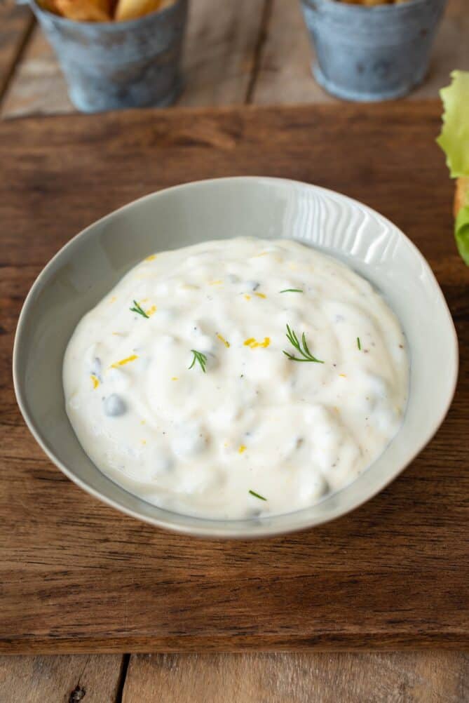Tartar sauce in a grey bowl
