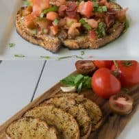 Tomato and crispy prosciutto bruschetta and toasted slices of bread with fresh tomatoes on a board