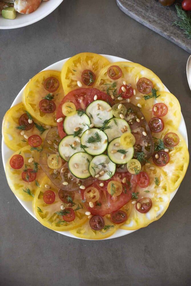 A tomato carpaccio viewed from overhead