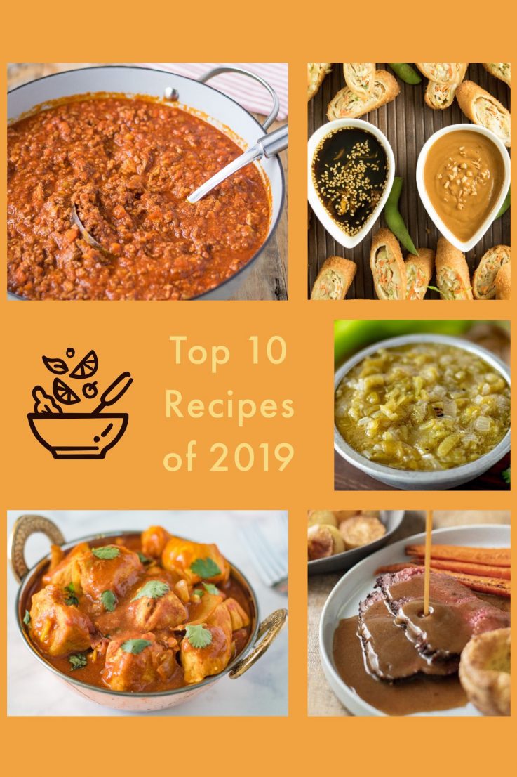 A collage of Bolognese sauce, dips, roast beef and madras curry