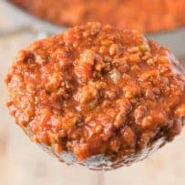 Meaty Traditional Bolognese sauce in a ladle