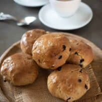 5 English teacakes on a round board
