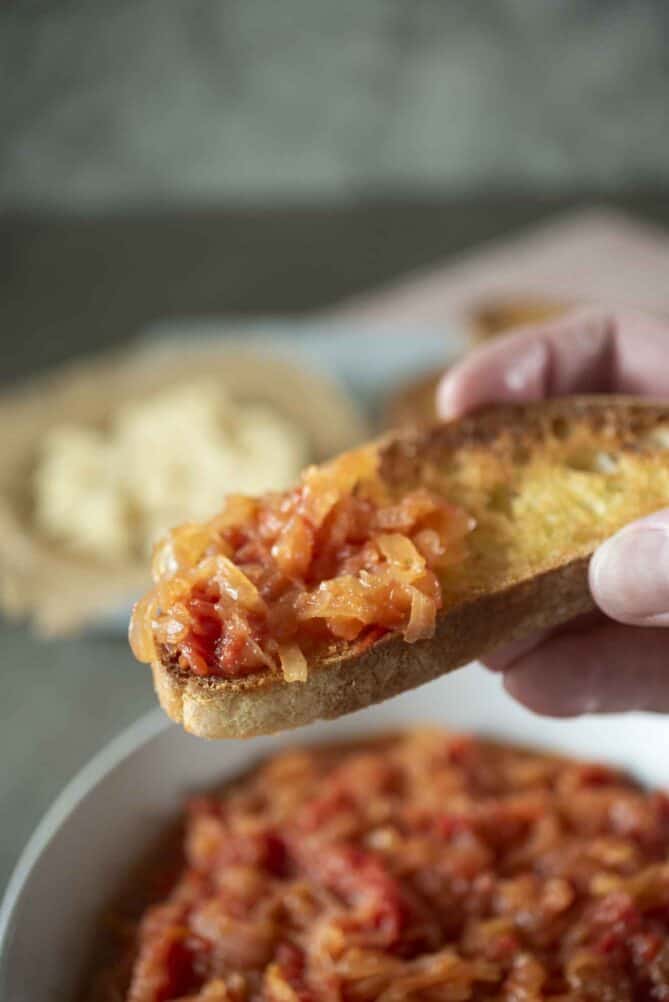 Onions and tomatoes on a slice of crusty bread