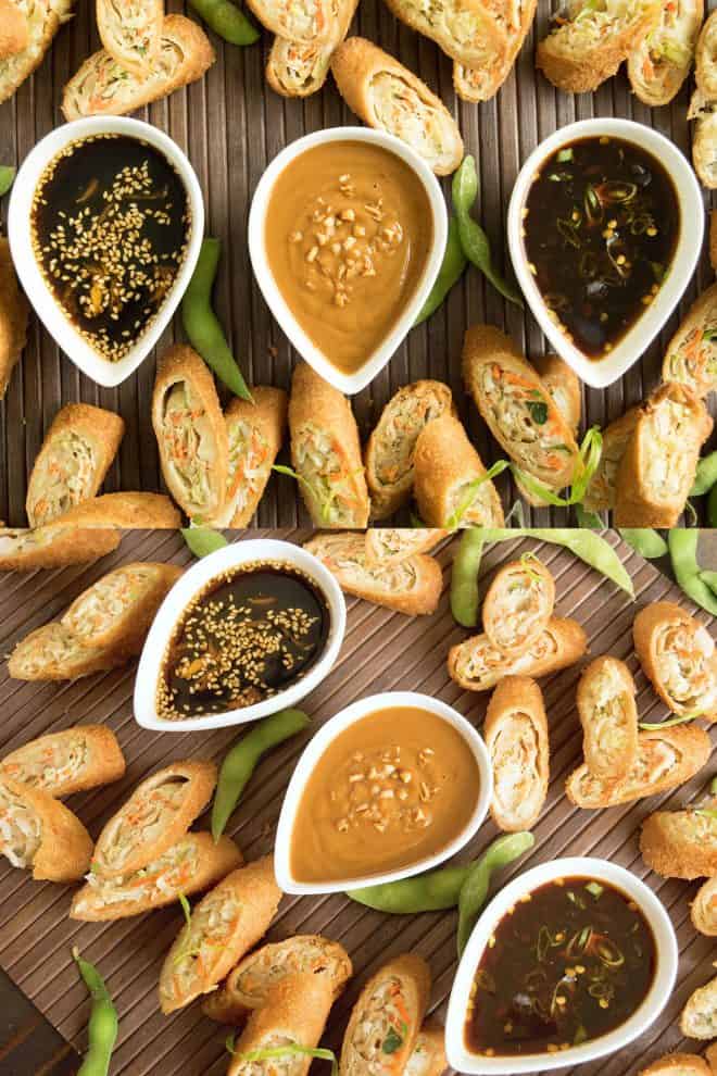 3 bowls of sauces, honey sesame, spicy soy and savory peanut sauce