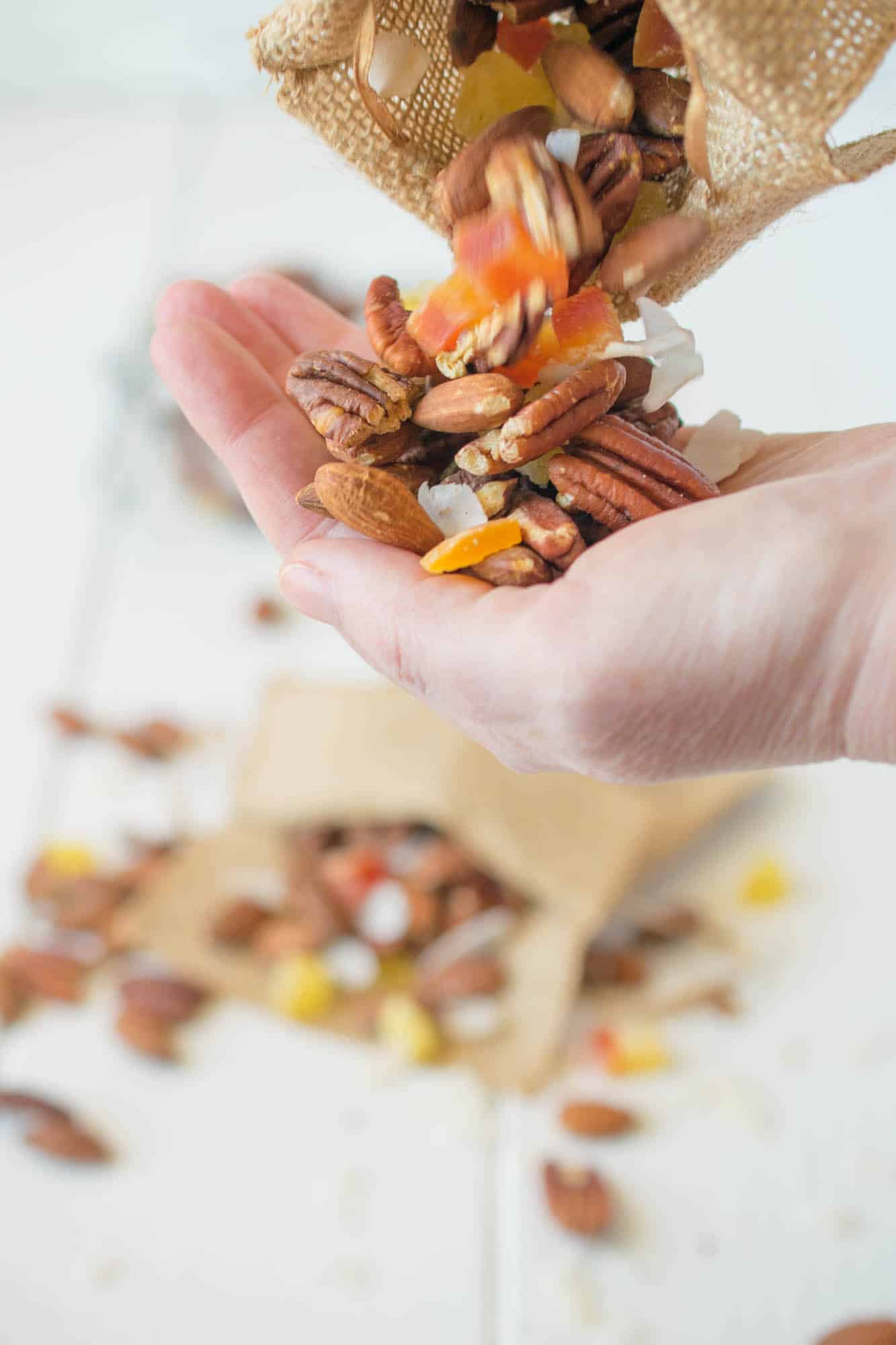 Tropical trail mix. A delicious combination of roasted almonds and pecans, dried mango, pineapple and coconut. This is the perfect anytime snack.