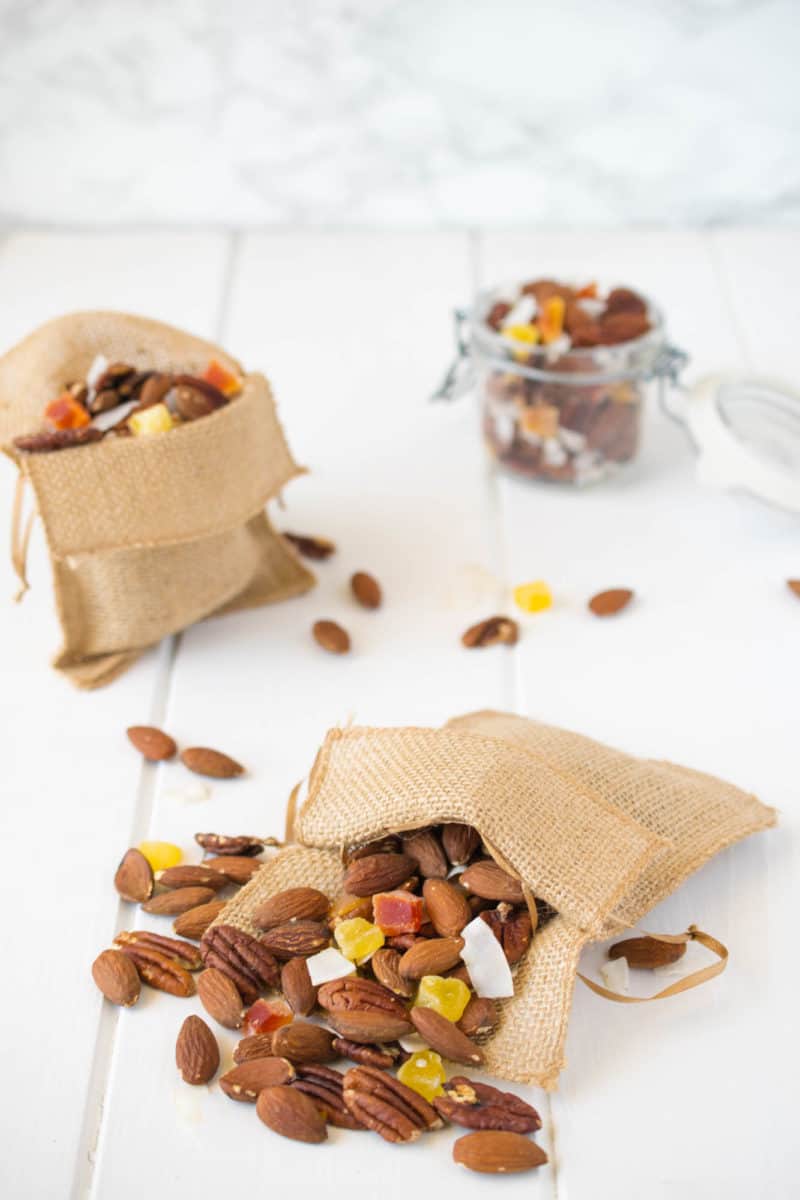 Tropical trail mix. A delicious combination of roasted almonds and pecans, dried mango, pineapple and coconut. This is the perfect anytime snack.